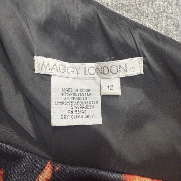 Maggy London One Shoulder Floral Dress Women's Size 12 Black Orange Sheath Midi - Picture 2 of 5